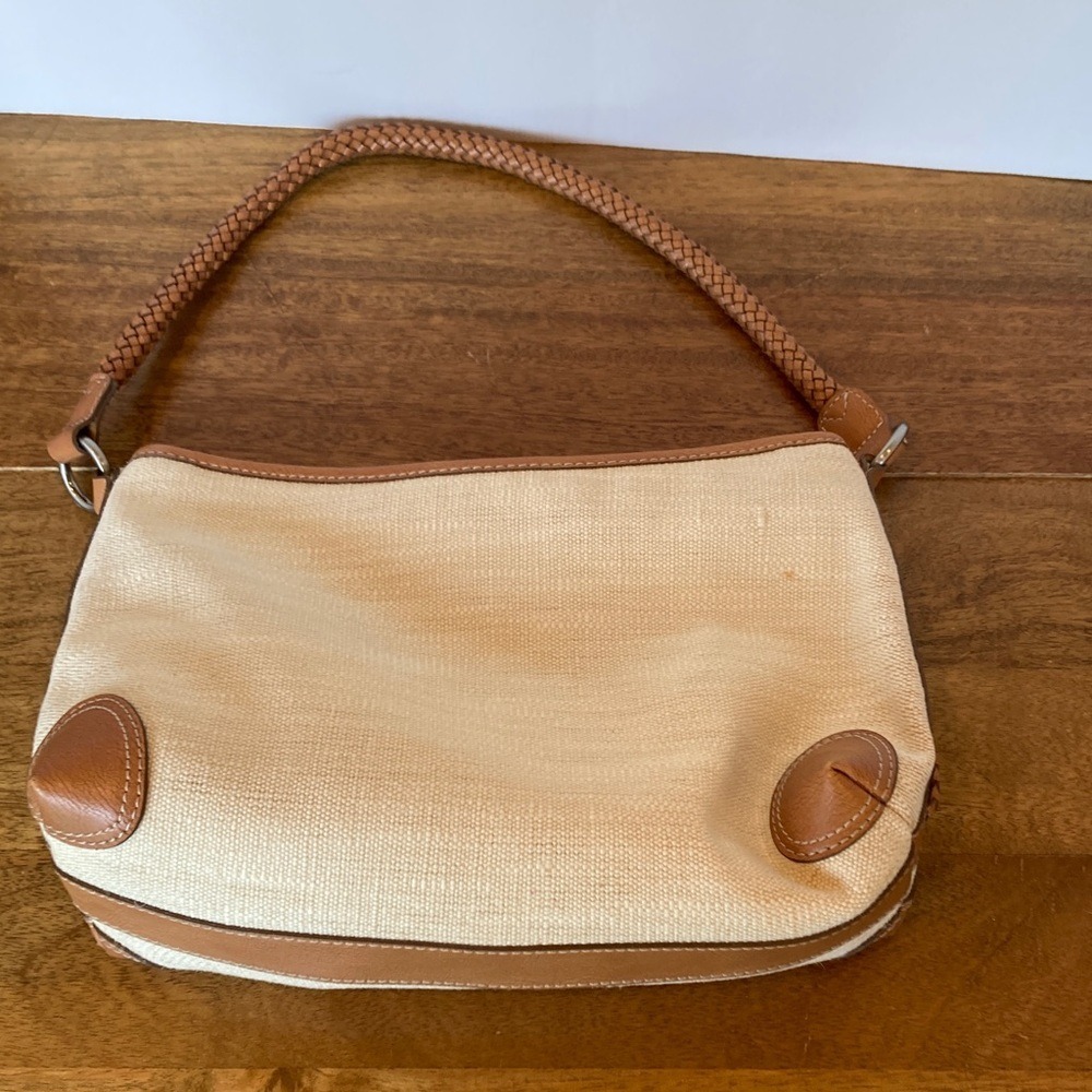 Fossil Womens Canvas Woven Leather Trim Shoulder Bag Brown Cream Classic - Picture 9 of 12